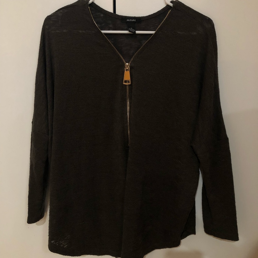 Olive zip-down sweater.
